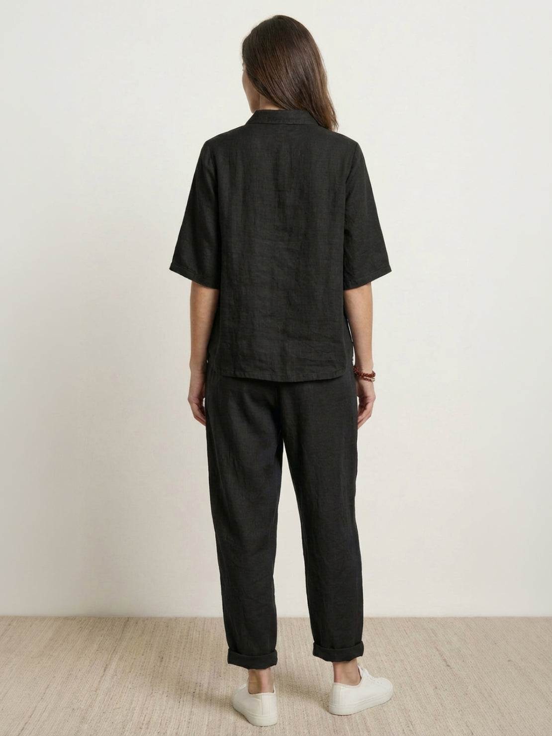 100% cotton artisan two-piece set with oversized button-front shirt and wide-leg pants