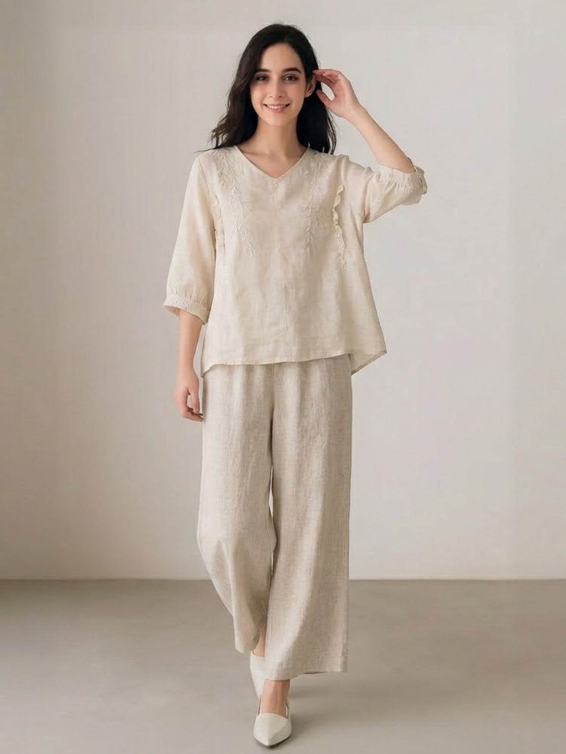 100% cotton linen blend golden hour set with embroidered top and wide-leg trousers