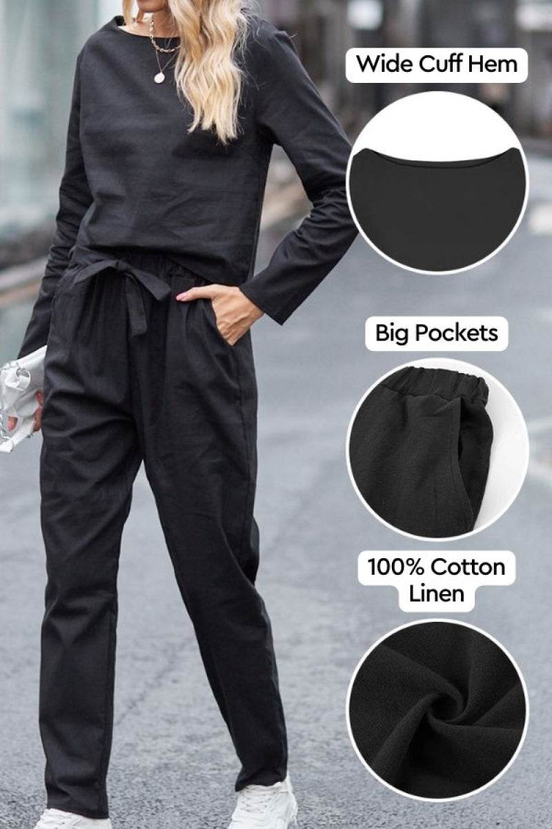 Black 100% cotton linen monochrome two-piece set for women with wide cuff hem and big pockets