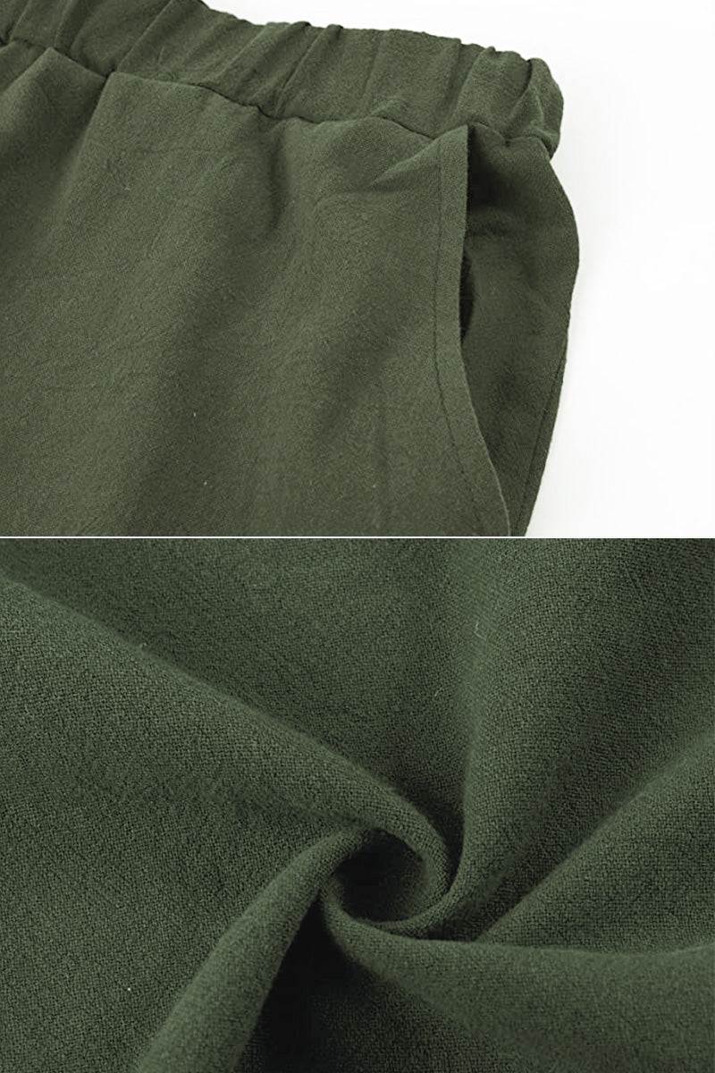 Close-up of soft green fabric texture and pocket detail from 100 cotton linen two-piece set