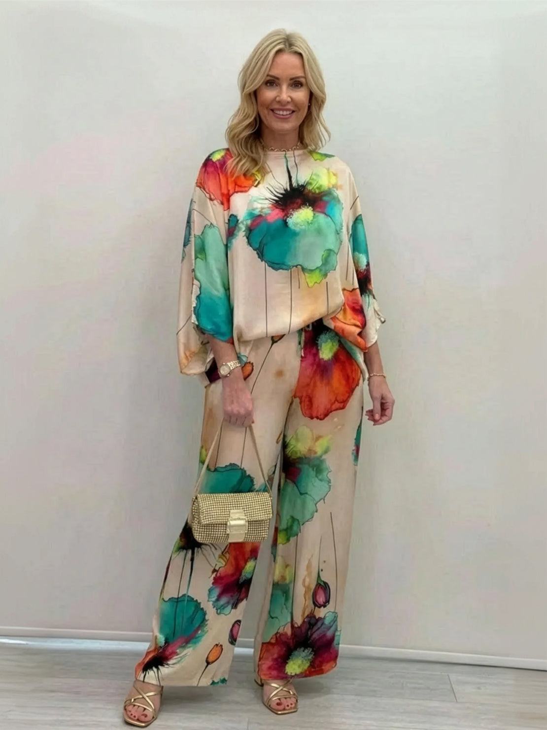 Plus size vibrant floral matching set with flowy silhouette and premium fabric blend