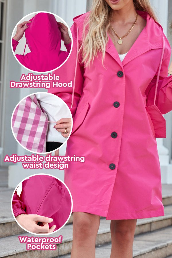Barbara Pink Raincoat windbreaker jacket with adjustable hood, drawstring waist, and waterproof pockets in vibrant pink color
