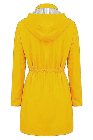 Yellow water resistant hooded striped windbreaker for women back view