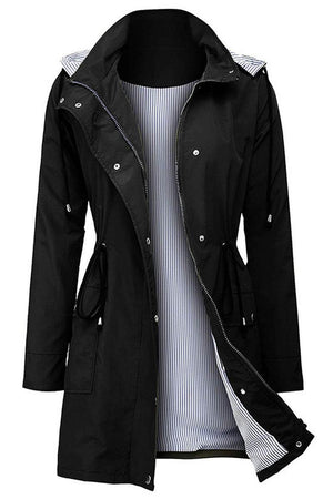 black hooded water resistant windbreaker jacket with striped inner lining for women