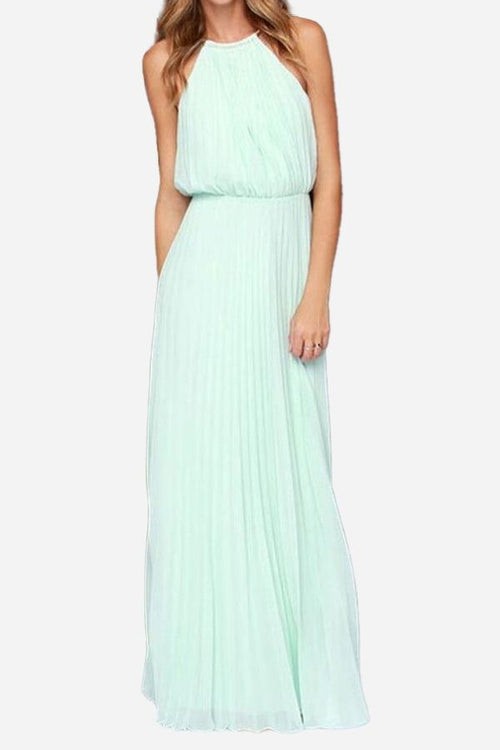 Mint green sleeveless belted maxi pleated dress with round neck and cinched waist