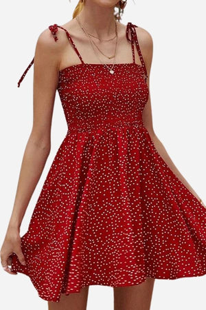 Bohemian skater dress in red with white polka dots and sling knot straps, summer mini dress