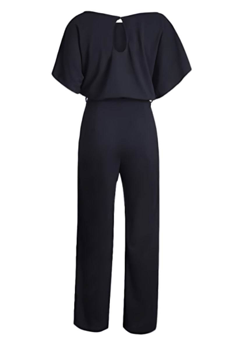 Chic black short-sleeved wide-leg jumpsuit with belt and elegant back keyhole detail