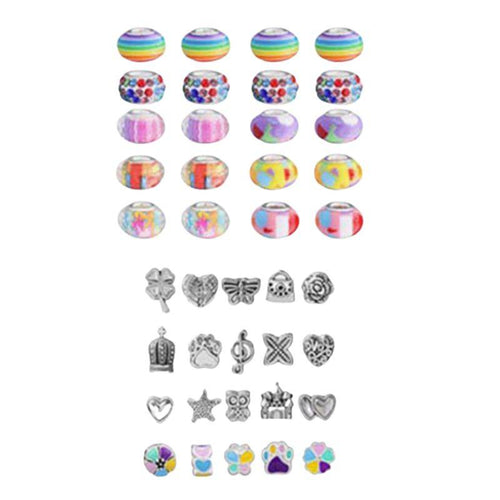 Kids Bracelet-Making Kit with colorful beads and metal charms for creative jewelry crafting.