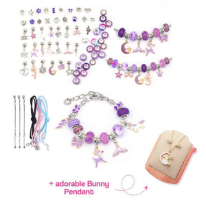 Kids bracelet-making kit with purple beads, charms, spacers, snake chains, and bunny pendant for creative DIY jewelry crafting.
