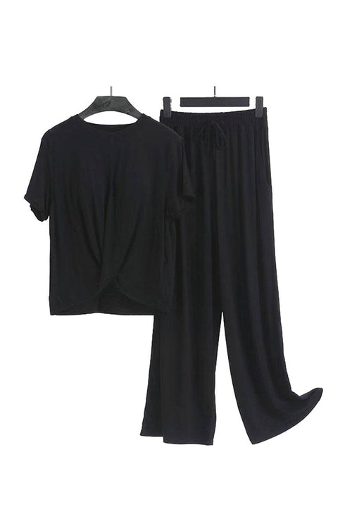 Black bamboo fiber pajama clothes set with short sleeve top and loose pants eco-friendly breathable fabric