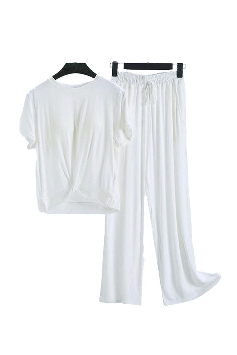 White bamboo fiber pajama clothes with short sleeve top and elastic waist pants for comfortable eco-friendly wear