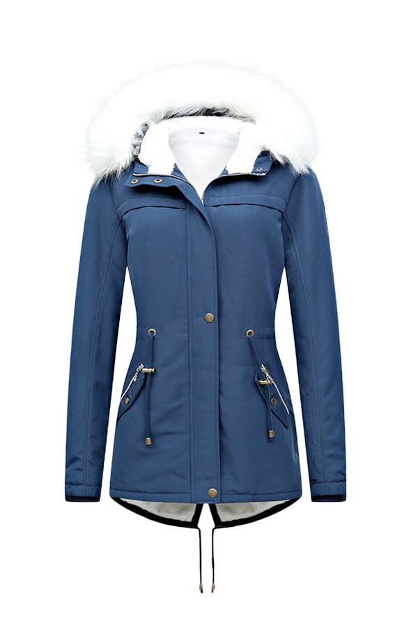 Thick long-sleeve zipper overcoat with fur-lined hood in blue, lightweight and warm winter jacket.