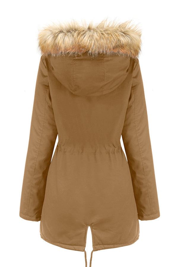 Back view of large hooded velvet coat with faux fur trim on hood in brown color