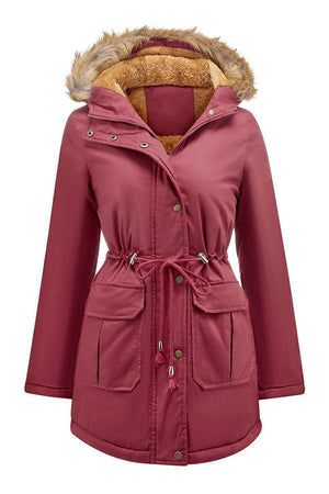 Large hooded velvet coat in burgundy with faux fur trim and adjustable waist cinch