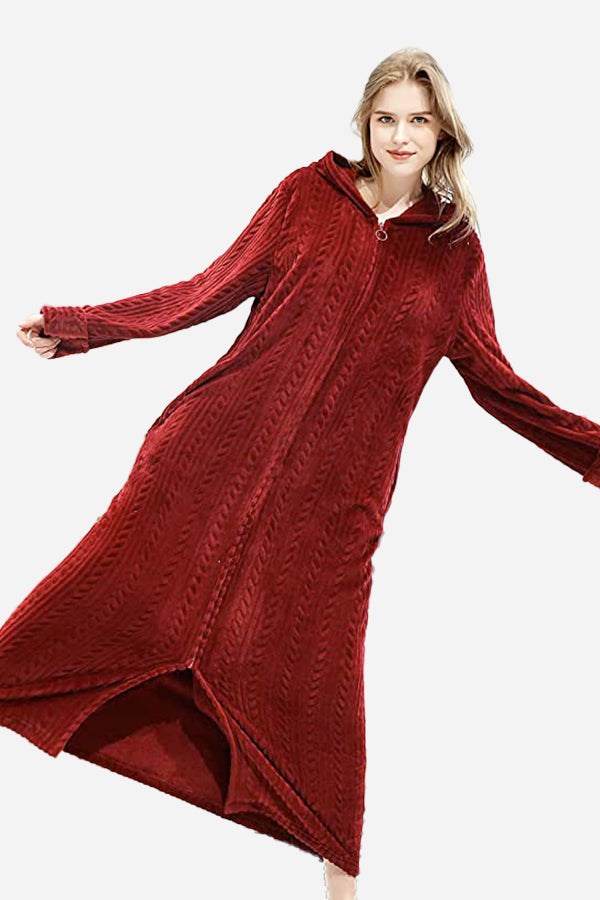 woman wearing stylish red flannel nightgown with zipper and hood