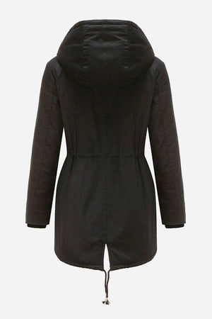Back view of extra comfortable black cotton parka coat with hood and adjustable hem