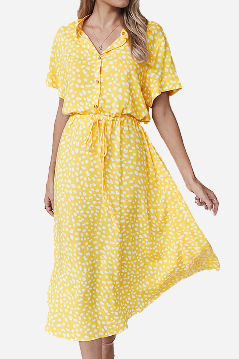 Yellow casual bohemian dress skirt with white dot print and lace-up waist