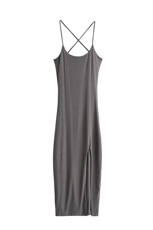 Gray elegant side slit midi dress with suspender straps and flattering silhouette
