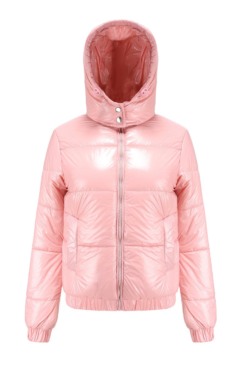 Pink reflective anti-splash puffer jacket with slim fit, undetachable hood, and warm hand pockets.