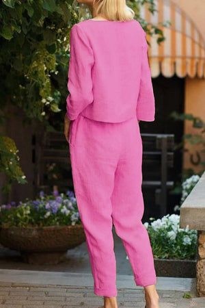 retro monochrome linen two-piece set in pink breathable cotton linen fabric for casual stylish wear