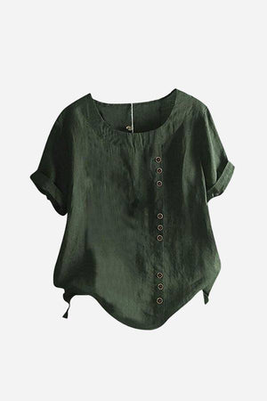 Dark green relaxed fit linen button-up tee with short sleeves and button detail
