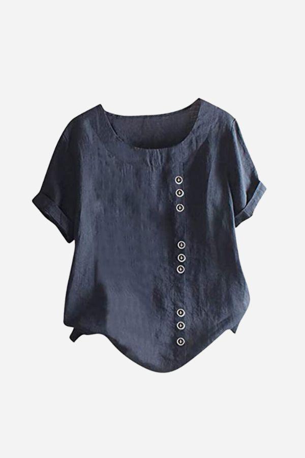 Relaxed Fit Linen Button-Up Tee in navy blue with short sleeves and stylish vertical button accents