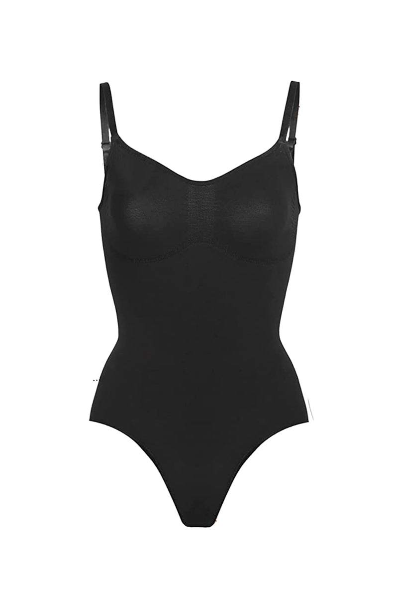 Black seamless TummyToning Bodysuit with adjustable straps for tummy control and chest lift