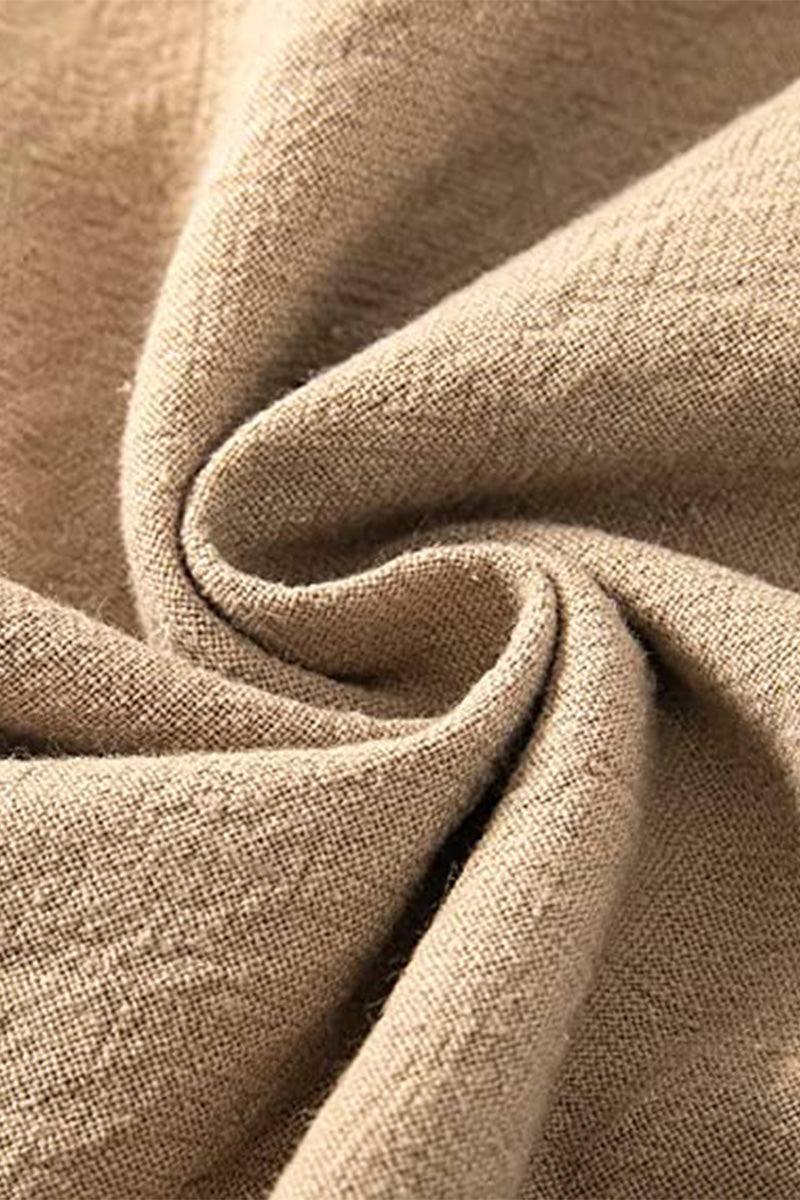 Close-up of beige high-waist cotton linen fabric texture for palazzo pants