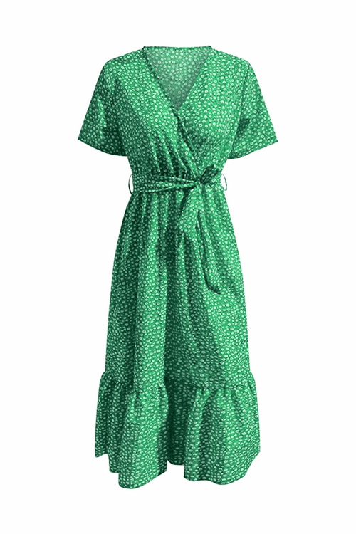 Charming Floral Boho Maxi Dress with vibrant green floral print, wrap V-neck, adjustable belt, and ruffle hem in chiffon polyester fabric