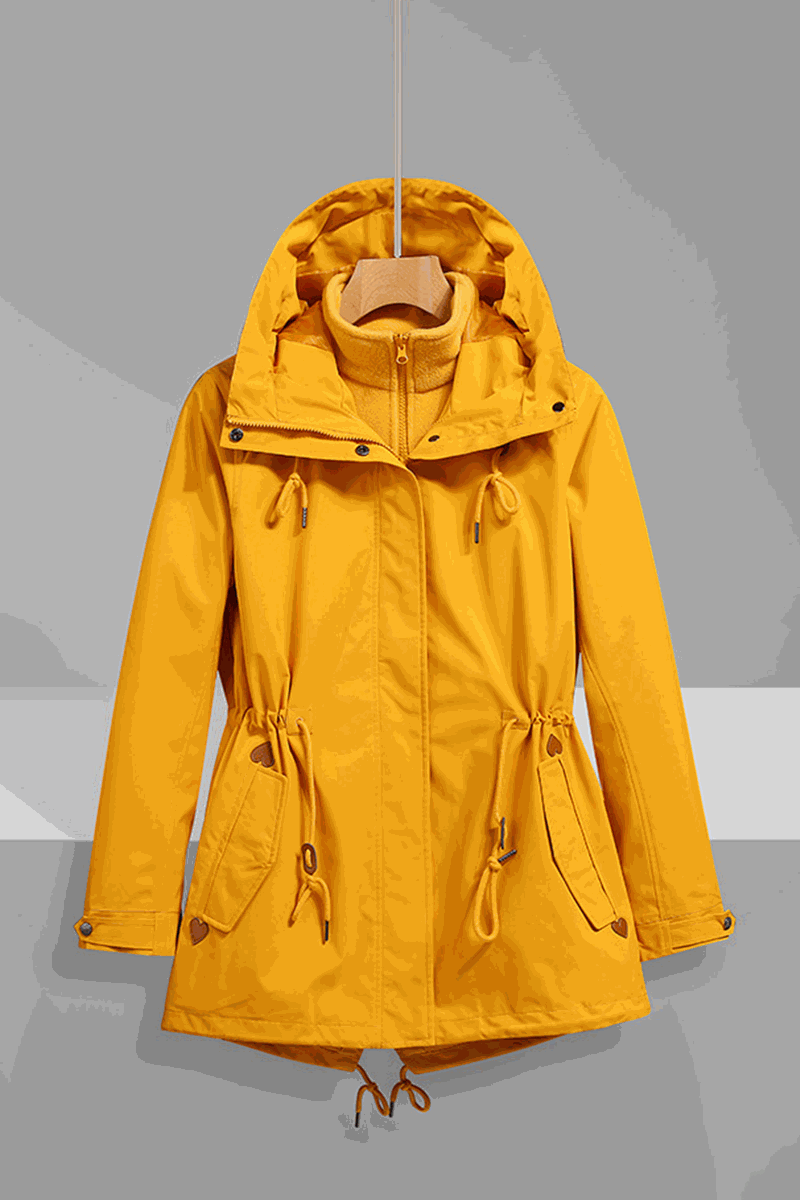 Yellow Versatile Chic Two-Piece Windbreaker Set with adjustable hood and slim-fit design, breathable and waterproof jacket for all weather conditions