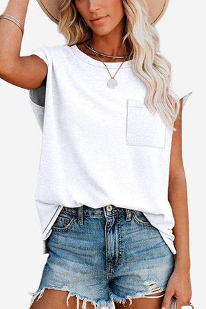 woman wearing white Easy Breezy Tunic Shirt with front pocket and denim shorts