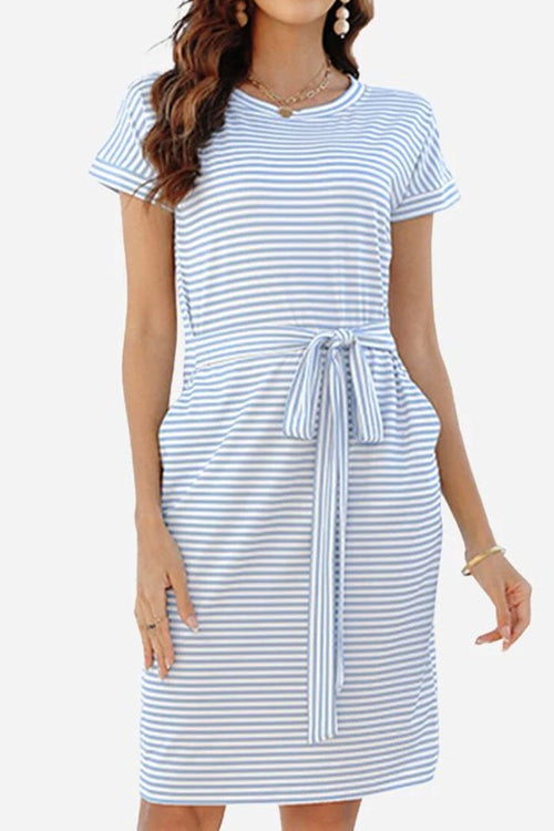 Airy Stripe Sheath Cotton Dress with short sleeves, tie waist, and side pockets in light blue and white stripes