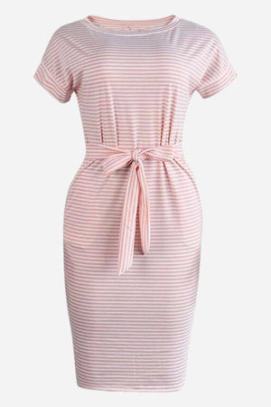 Airy Stripe Sheath Cotton Dress with tie waist and short sleeves in pink and white stripes