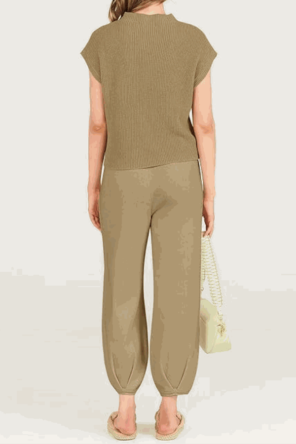 Woman wearing Comfy Couture Knit Sweater two-piece set in beige, back view