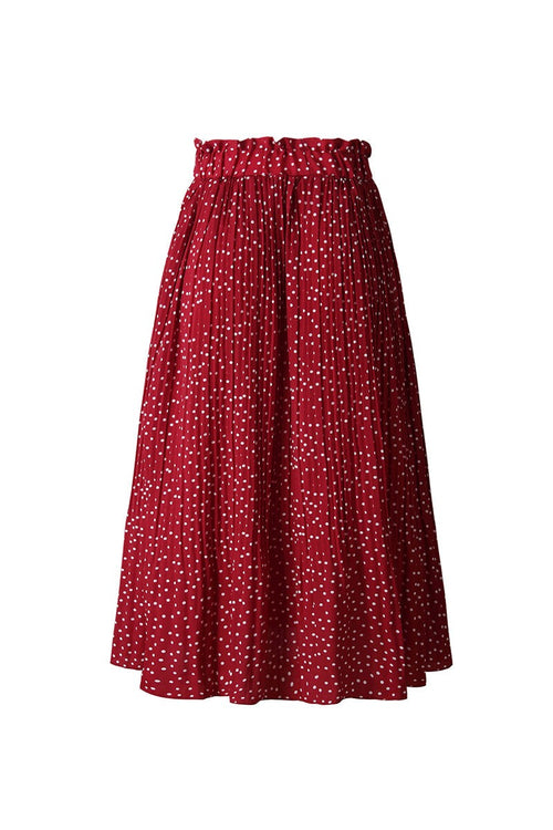 Red high-waist pleated midi skirt with white polka dots and pockets, Effortlessly Chic Polka Dot Pleated Skirt