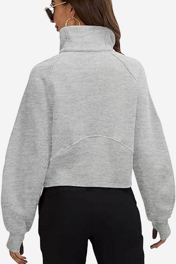 Back view of cozy oversized half-zip grey fleece pullover sweatshirt on woman