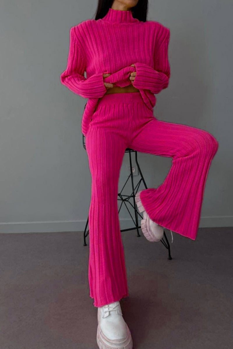 Timeless Striped Two-Piece bright pink ribbed knitwear set with high neck sweater and flared pants