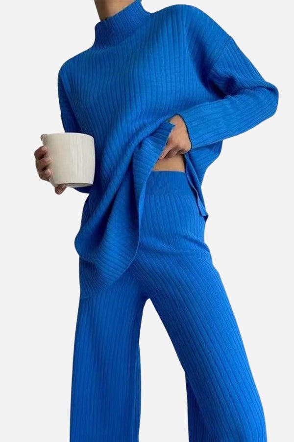 Timeless Striped Two-Piece knitwear set in vibrant blue with ribbed texture, cozy and stylish lounge outfit