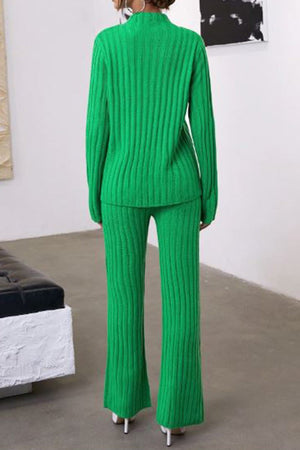 Timeless Striped Two-Piece knitwear set in green ribbed polyester, cozy and versatile two-piece outfit from back view