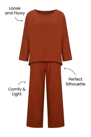Everyday Fashion Loose-Fit two-piece matching set in rust color, loose and flowy top with comfy, lightweight fabric and perfect silhouette pants