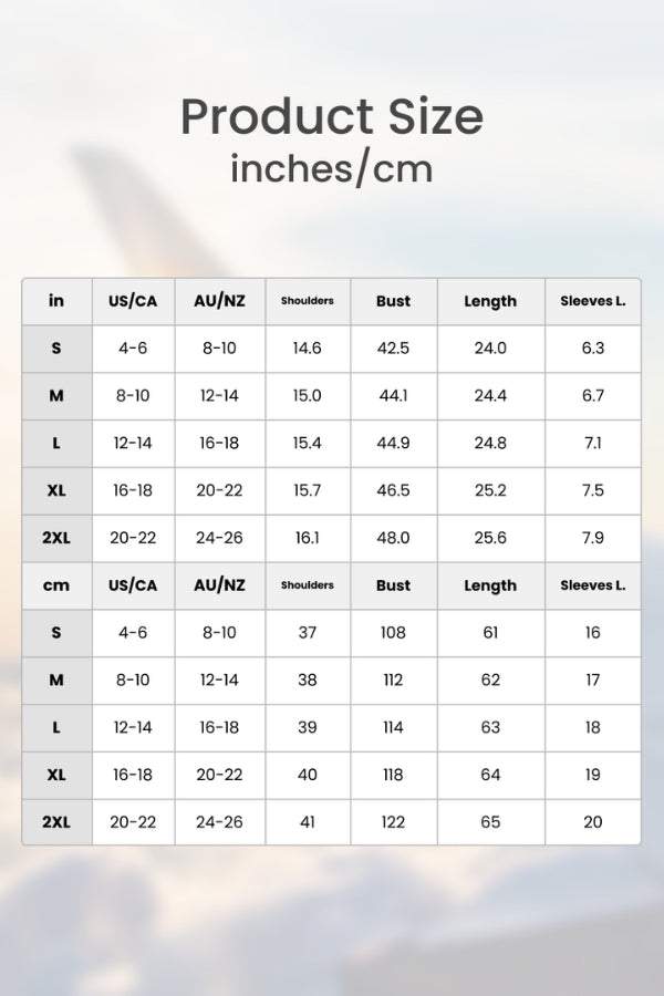 Relaxed loose breathable linen blouse size chart with measurements in inches and centimeters for shoulders, bust, length, and sleeve length.
