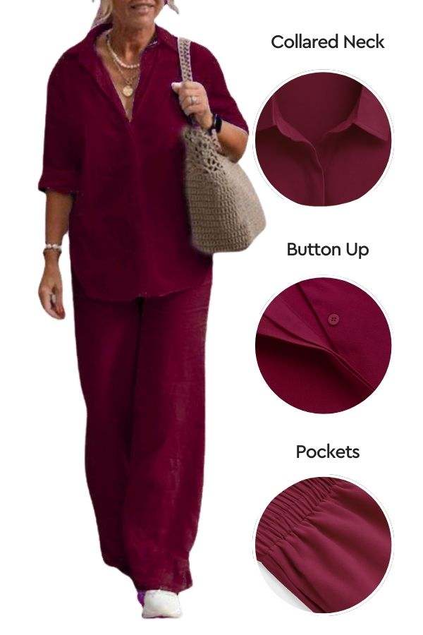 Woman wearing relaxed shirt and trousers two-piece set in burgundy with collared neck, button-up front, and pockets.