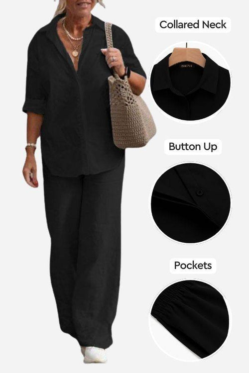 Woman wearing black relaxed shirt and trousers two-piece set with collared neck, button-up front, and pockets, styled casually with a woven bag and white shoes