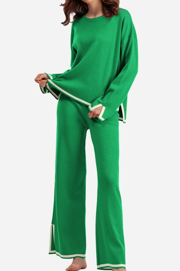Long sleeved relaxed fit green lounge two-piece set with wide-leg palazzo pants and sweater