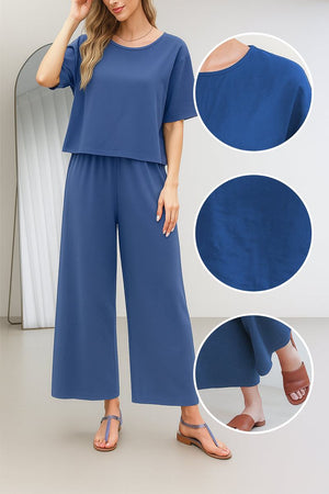 Blue loose fit co-ord set with relaxed short sleeve top and wide-leg pants perfect for casual wear