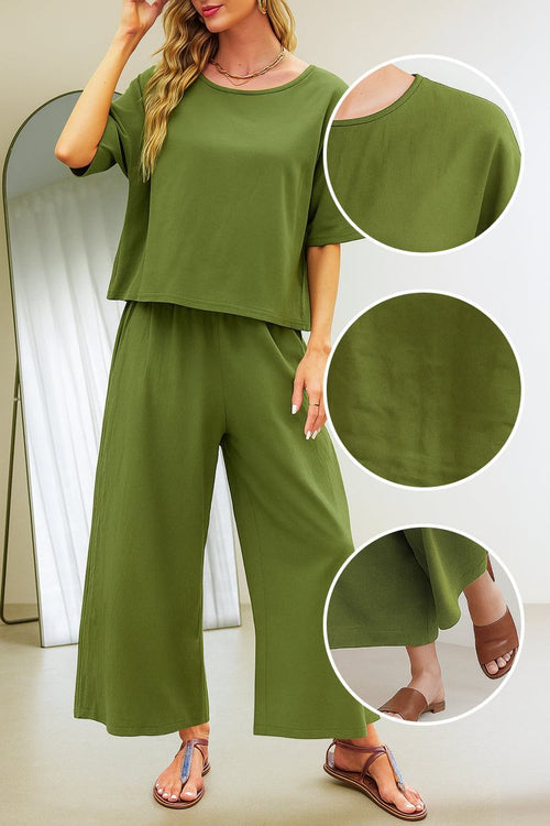 Olive green loose fit co-ord set with short-sleeve top and wide-leg pants in breathable fabric for casual comfort
