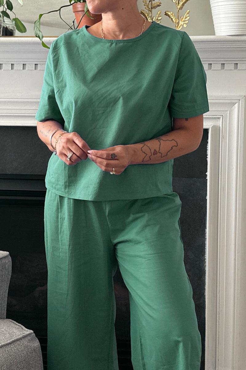 Green loose fit co-ord set with relaxed short sleeve top and wide-leg pants for comfortable casual wear