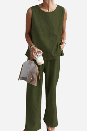 Loose solid color sleeveless two-piece set with oversized fit in olive green