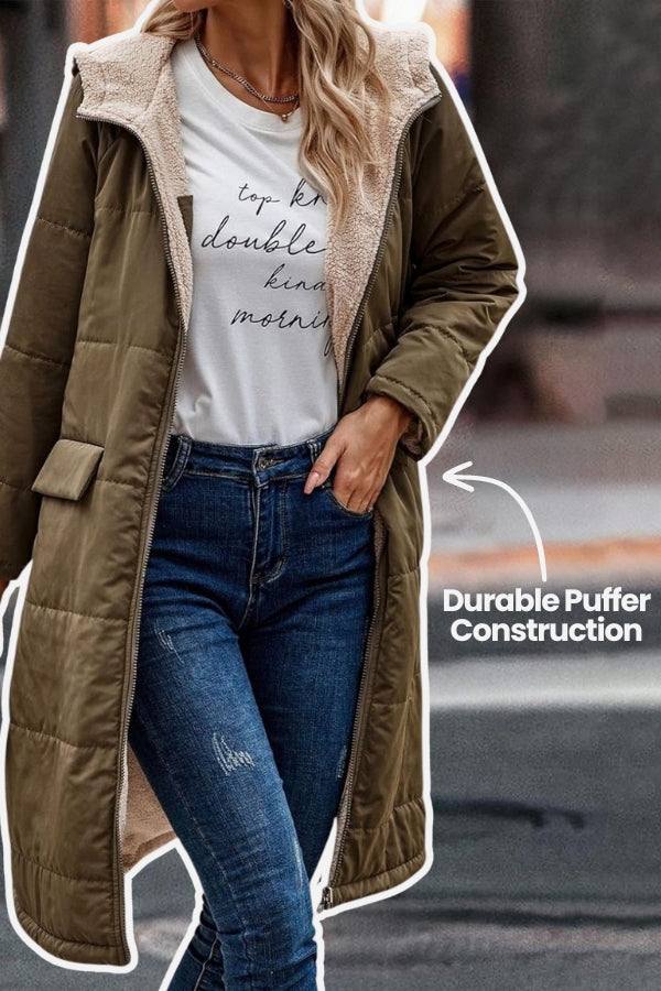 Sherpa-lined hooded teddy coat with durable puffer construction and cozy sherpa interior