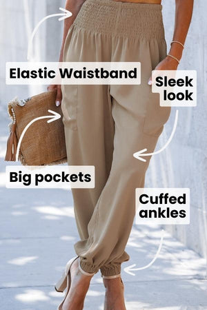 Boho Dreamer High-Waist elastic pants with cuffed ankles, big pockets, and sleek look